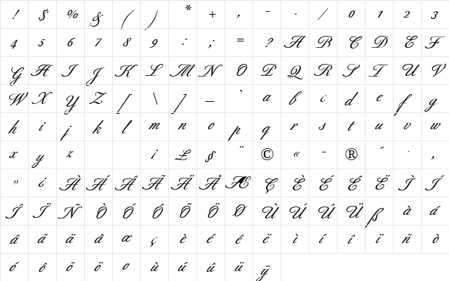 Berthold Script BQ Regular  glyph index