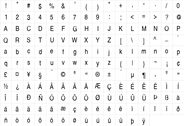 Helvetica-Narrow Regular  glyph index