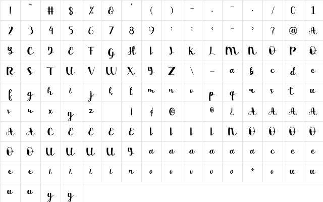 Beauty Day Regular  glyph index