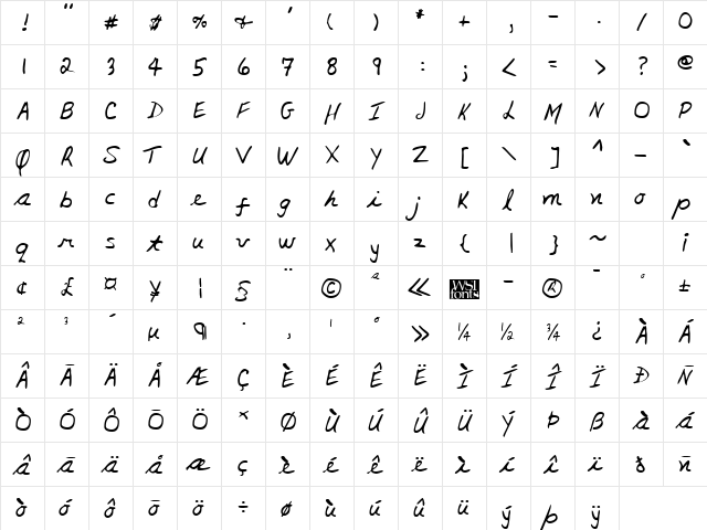 JacksHand Regular  glyph index