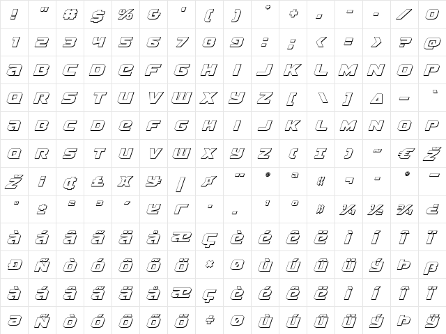 Terran 3D Italic Italic  glyph index