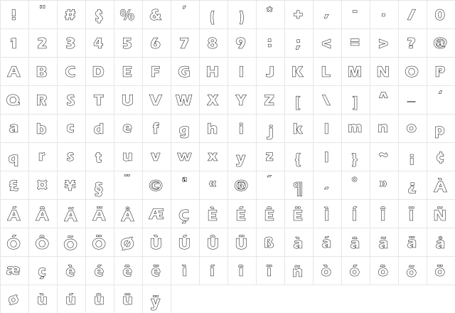 Eras-Bold Holllow Regular  glyph index