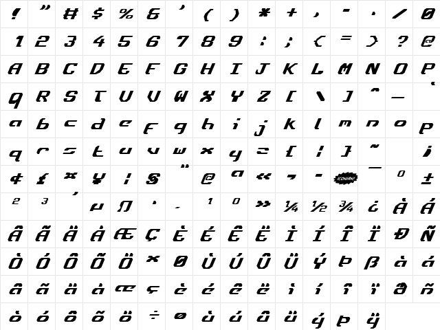 Ensign Flandry Italic Italic  glyph index