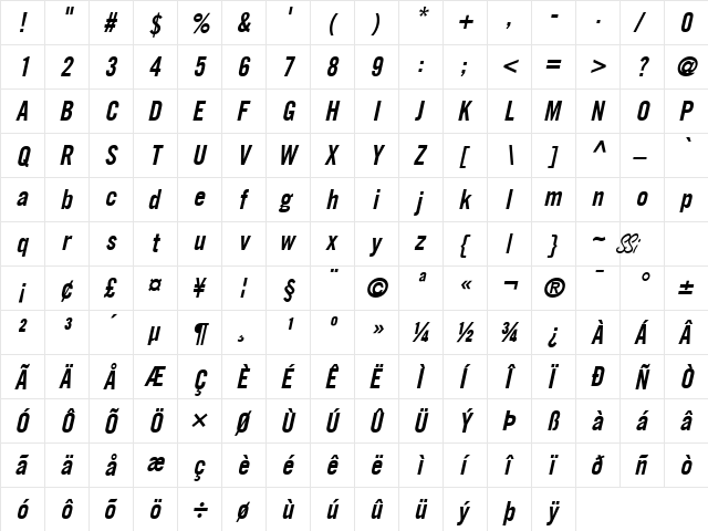 Commerce Black Condensed SSi Bold Condensed Italic  glyph index