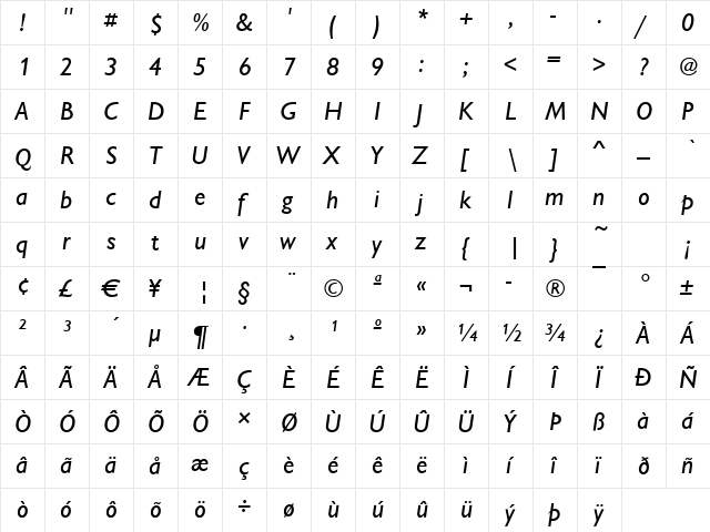 Chantilly-Medium Italic  glyph index