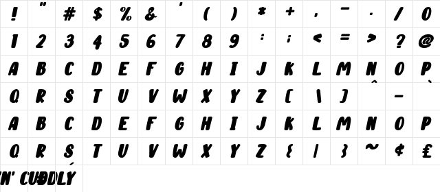 Cute 'n' Cuddly Italic  glyph index