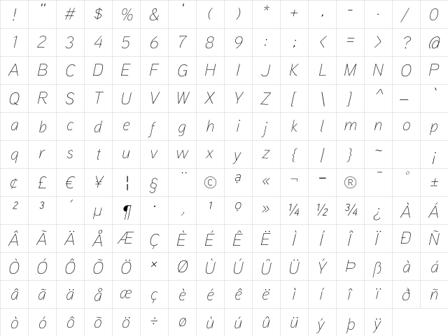 Aaux ProThin Italic Regular  glyph index