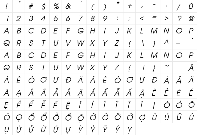 .VnAvantH Italic  glyph index