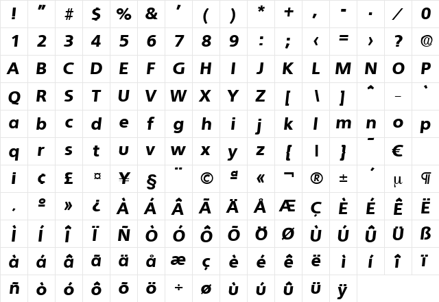 Quebec-ExtraBoldIta Regular  glyph index