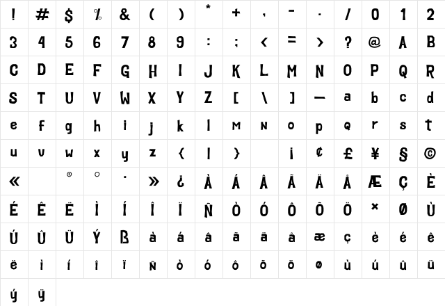 Cutenes Monster Regular  glyph index
