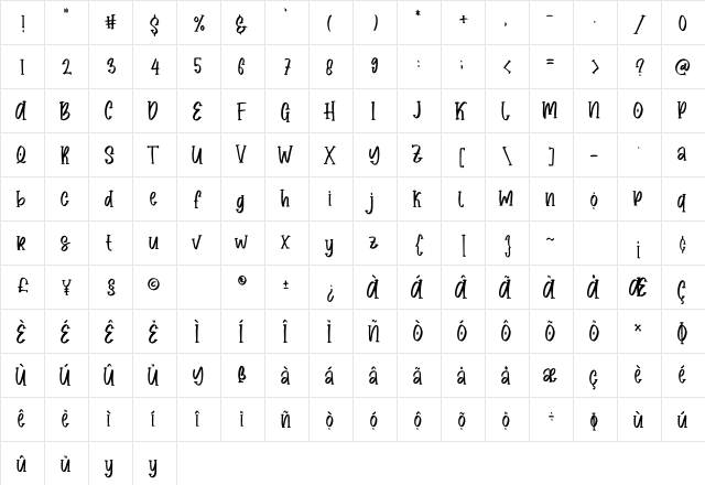 Minnimallisstic Font Regular  glyph index