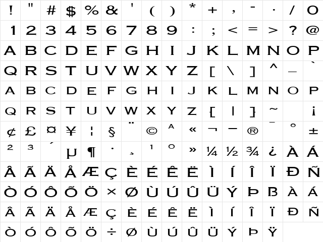 MetalcutExtended Regular  glyph index