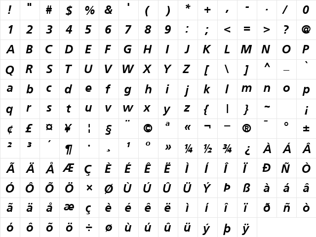 PalmaSSK BoldItalic  glyph index