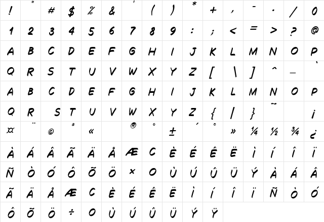 Decalk Italic  glyph index