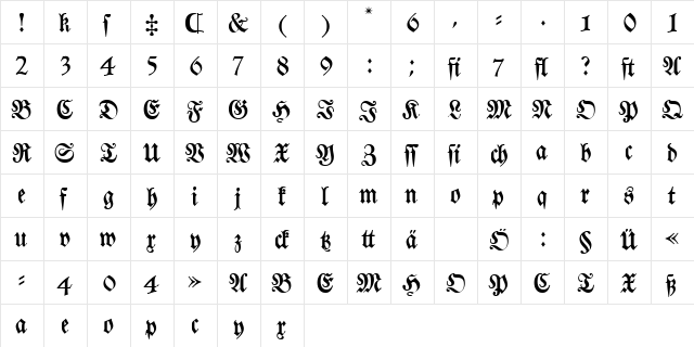 FrakturaTT Regular  glyph index