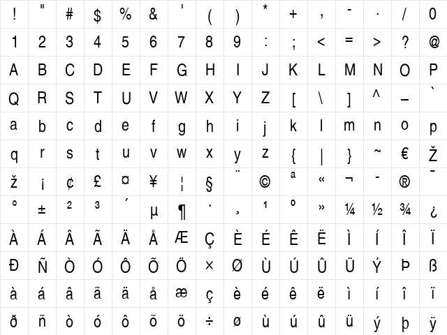 Helvetica LT Narrow Regular  glyph index