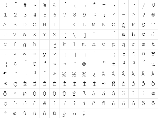 Courier Becker Regular  glyph index