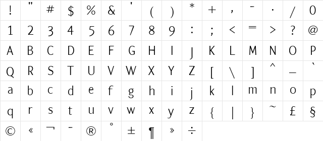 ArtemiusSans Light TT Regular  glyph index