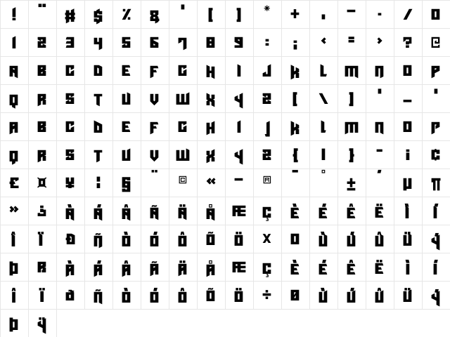 Cyberpunks Regular  glyph index