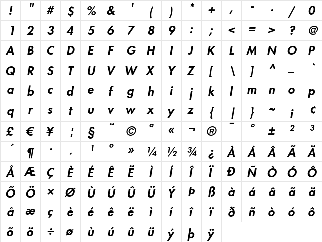 Futura LT HeavyOblique  glyph index