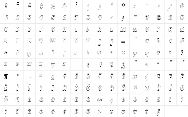 FuturaTExtBolConOblOu1 Regular  glyph index