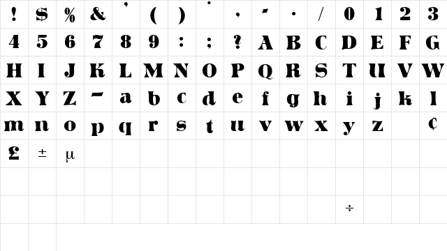 ArticulaDisplaySSK Regular  glyph index