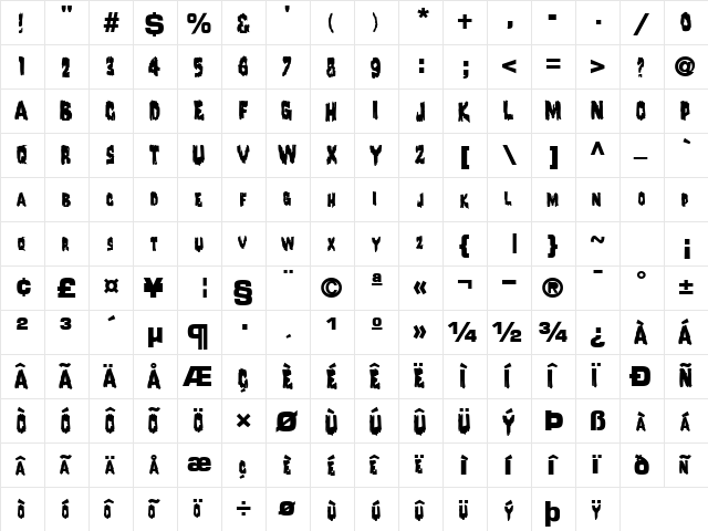 DroopingPaintText56 Bold  glyph index