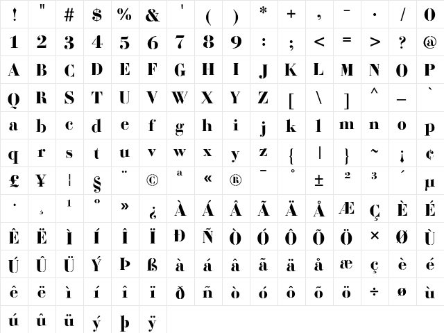 Bodoni Fragile Regular  glyph index