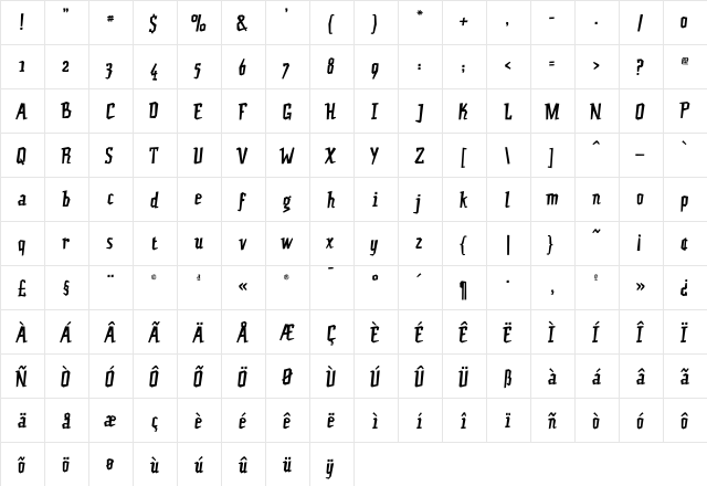 JacqueRegular Regular  glyph index
