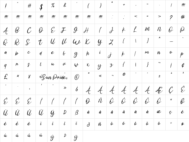 Sun Pride - Personal Use Regular  glyph index