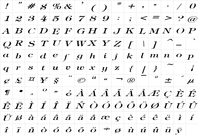 JewelExtended Italic  glyph index