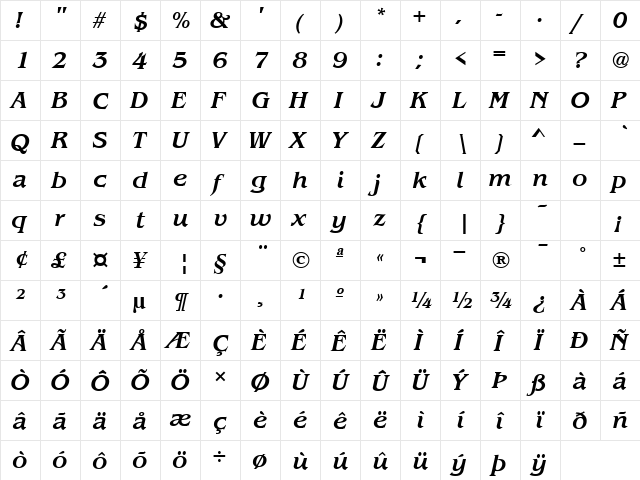 Benjamin Bold Italic  glyph index