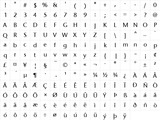 StoneSansITC Medium  glyph index