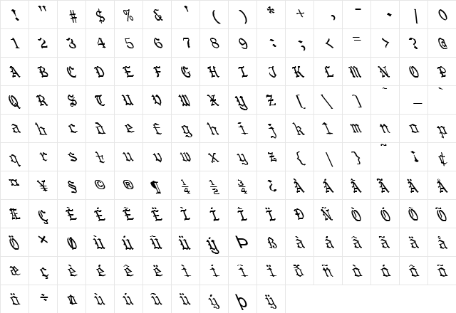 FZ GOTHIC 5 LEFTY Bold  glyph index