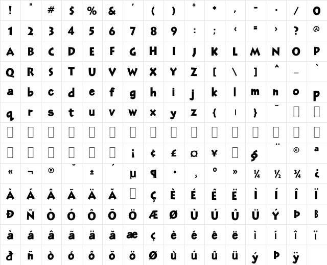 BD Jurassic Black Regular  glyph index