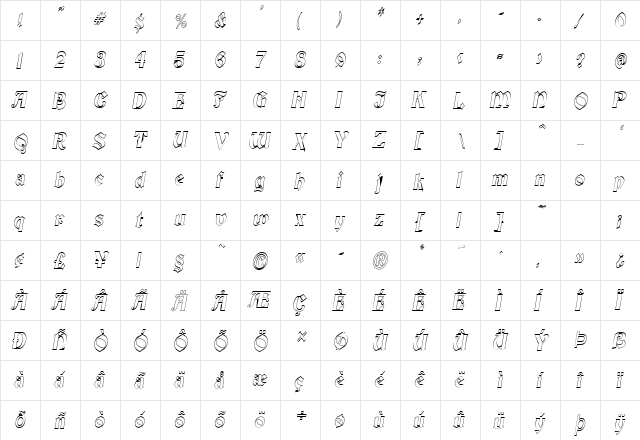 Brandywine-Hollow-Condensed Italic  glyph index