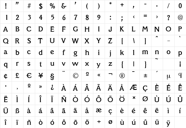 VeracruzSerial-Medium Regular  glyph index