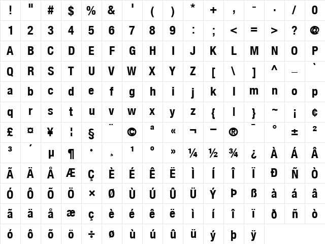 HelveticaNeueCond Bold  glyph index