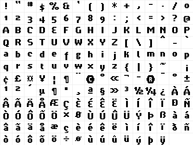 UF PT Bossa Bold Regular  glyph index