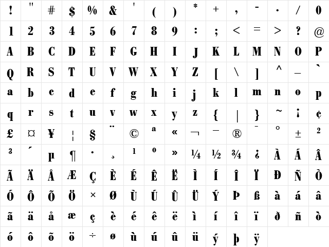 BodoniBE-Condensed Bold  glyph index