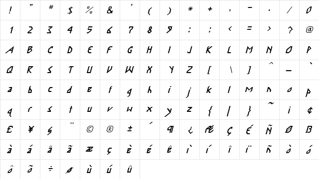 InkaBod Italic Italic  glyph index