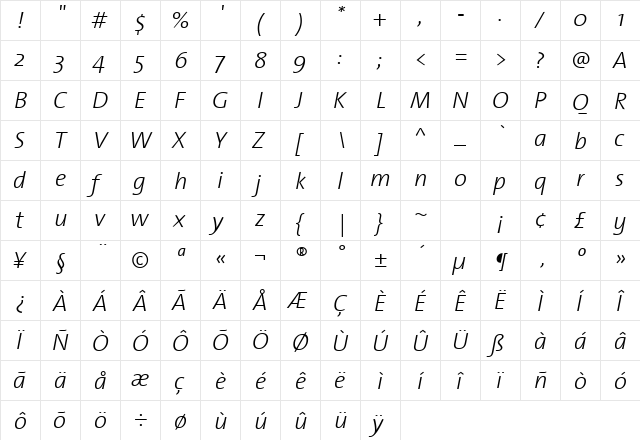 TheSansLight-Italic Regular  glyph index