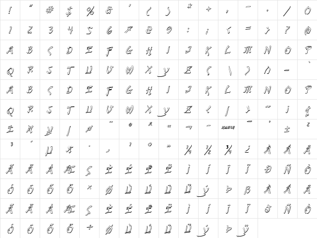 Bushido Shadow Italic Italic  glyph index