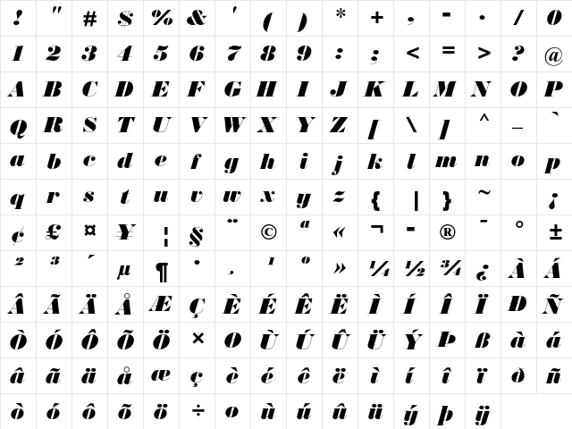 Bodoni MT Std Ultra Bold It  glyph index