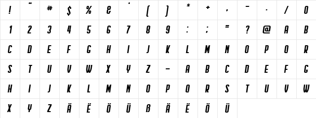Hindenburg Condensed Italic  glyph index