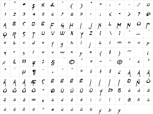 TabletExtended Bold Italic  glyph index