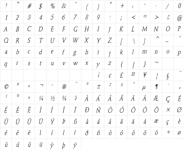 Schroeder-Condensed Italic  glyph index