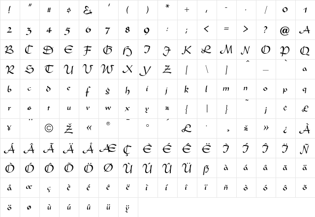 Cardigan Regular  glyph index