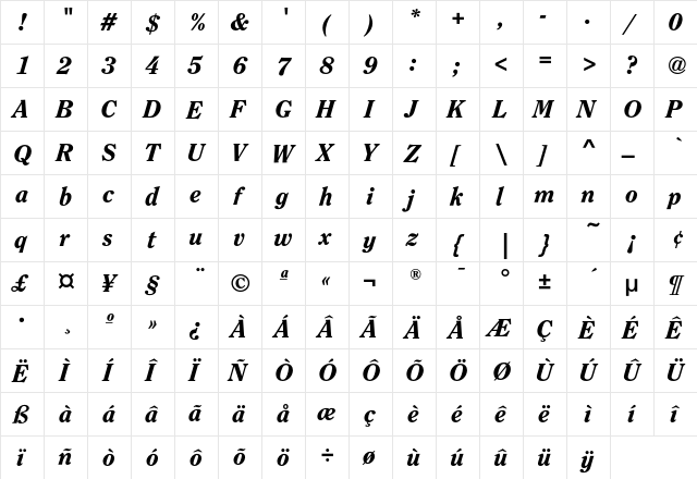 ClearfaceEF-HeavyItalic Regular  glyph index