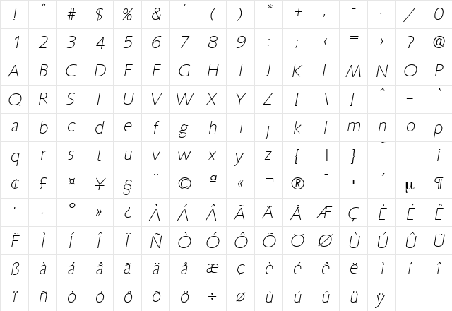 Saxony-Serial-ExtraLight RegularItalic  glyph index